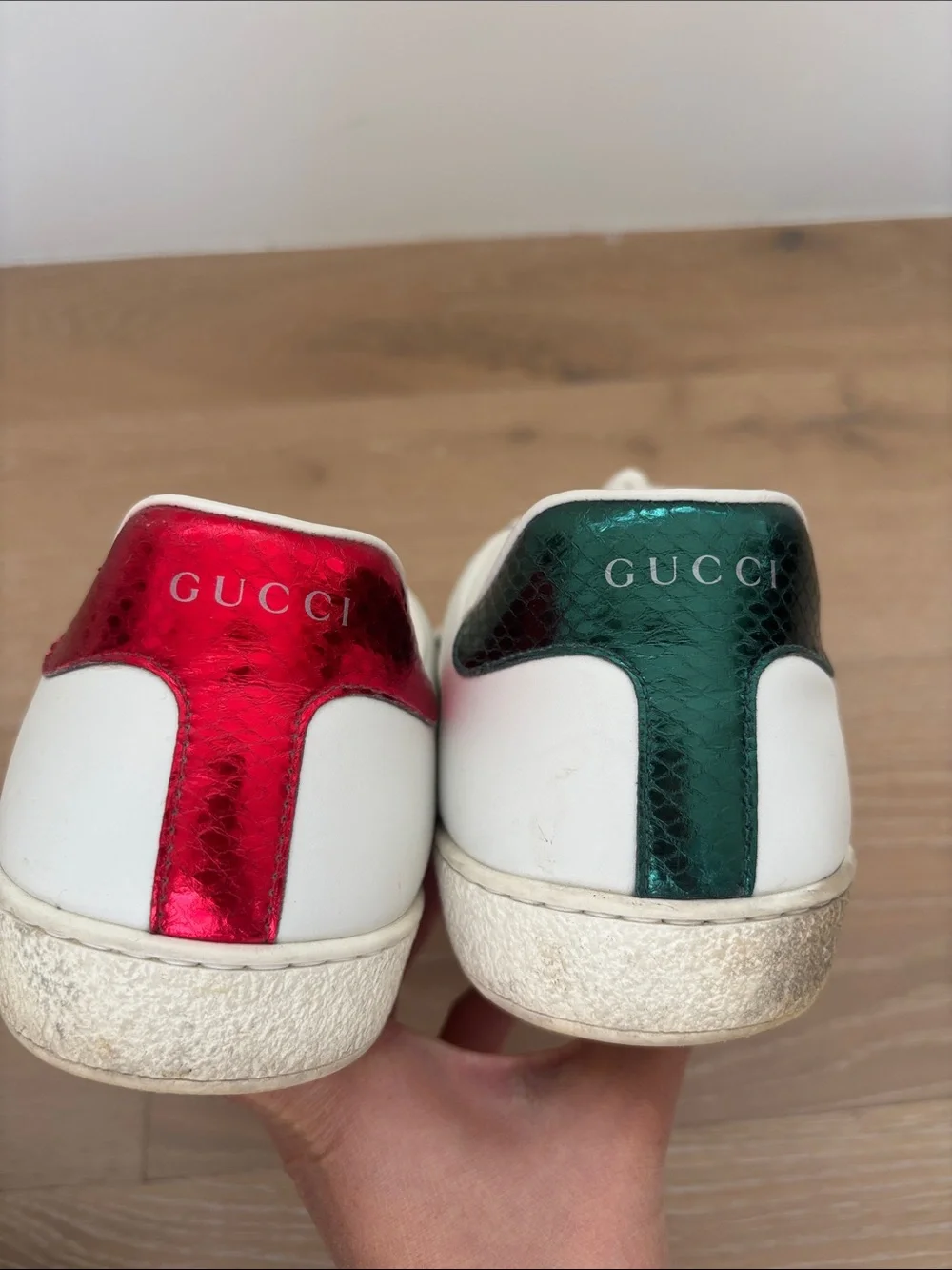 Gucci White Leather Sneakers with Red & Green Stripes and Snake Embroidery